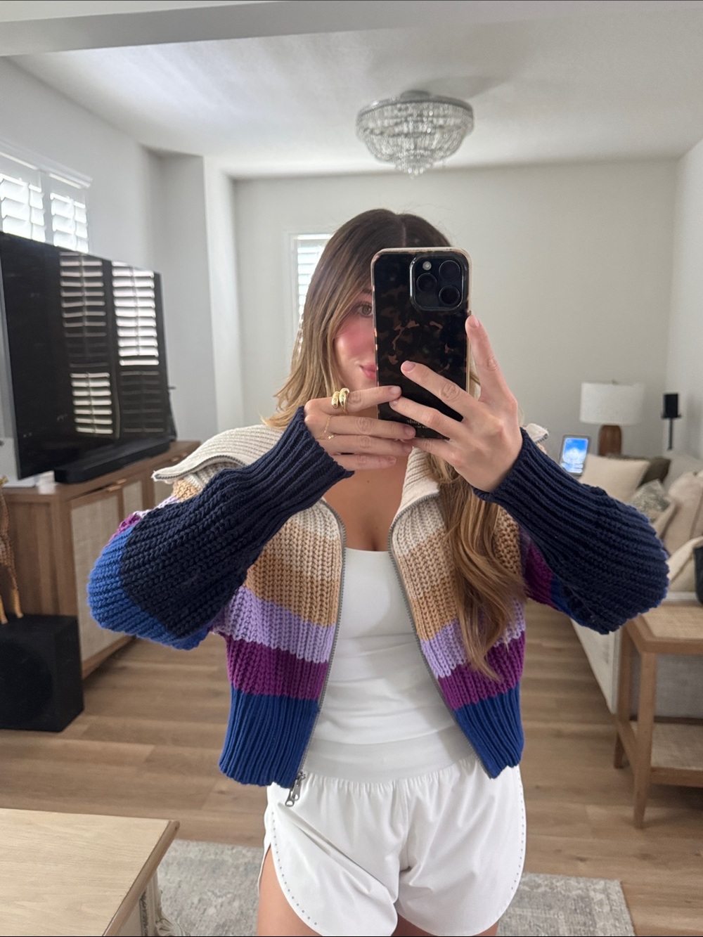 Aerie Striped Zip-Front Sweater Jacket in Cream, Tan, Purple & Blue - Picture 2 of 6